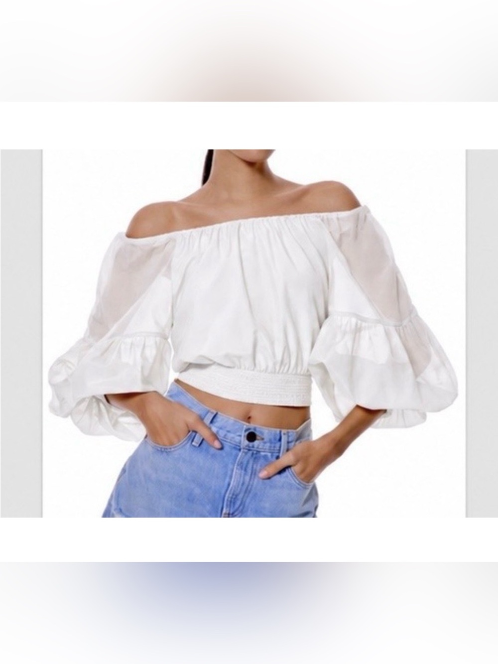 Alice + Olivia Ivory Off-Shoulder Smocked Ruffle Puff Sleeve Cropped Blouse M